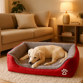 photo chien allonge dans panier pour chien rouge bordeaux