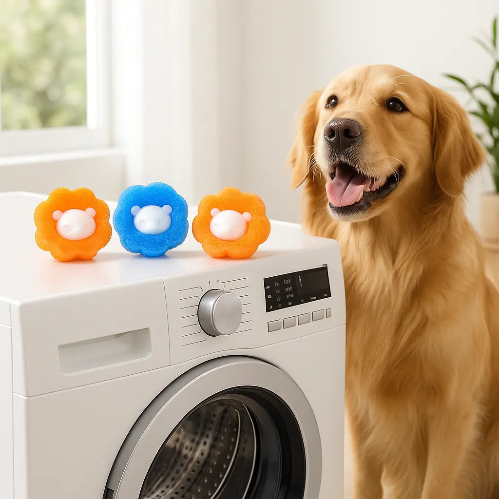 boules anti poils poses sur machine a laver avec labrador a cote