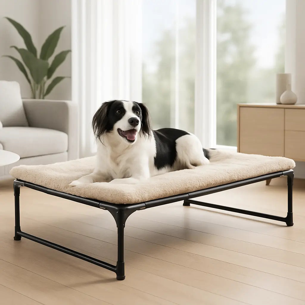 chien allonge lit comfortablement sureleve pour chien dans salon appartement