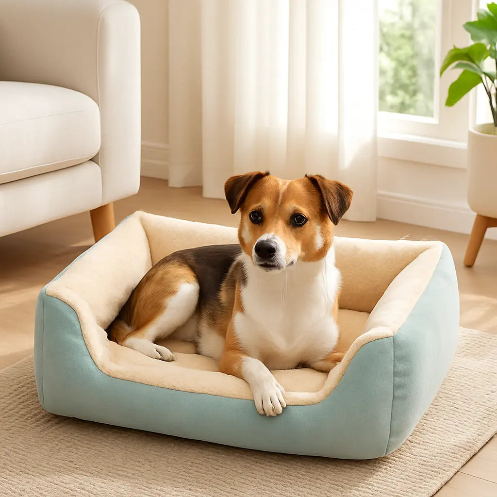 chien allonge dans panier pour bleu pastel dans salon