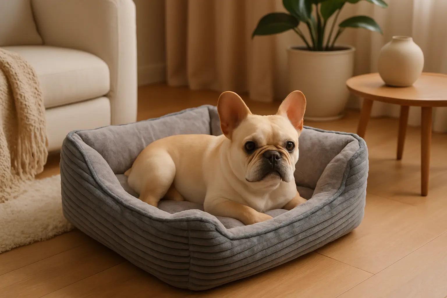 chien allonge dans panier pour chien gris