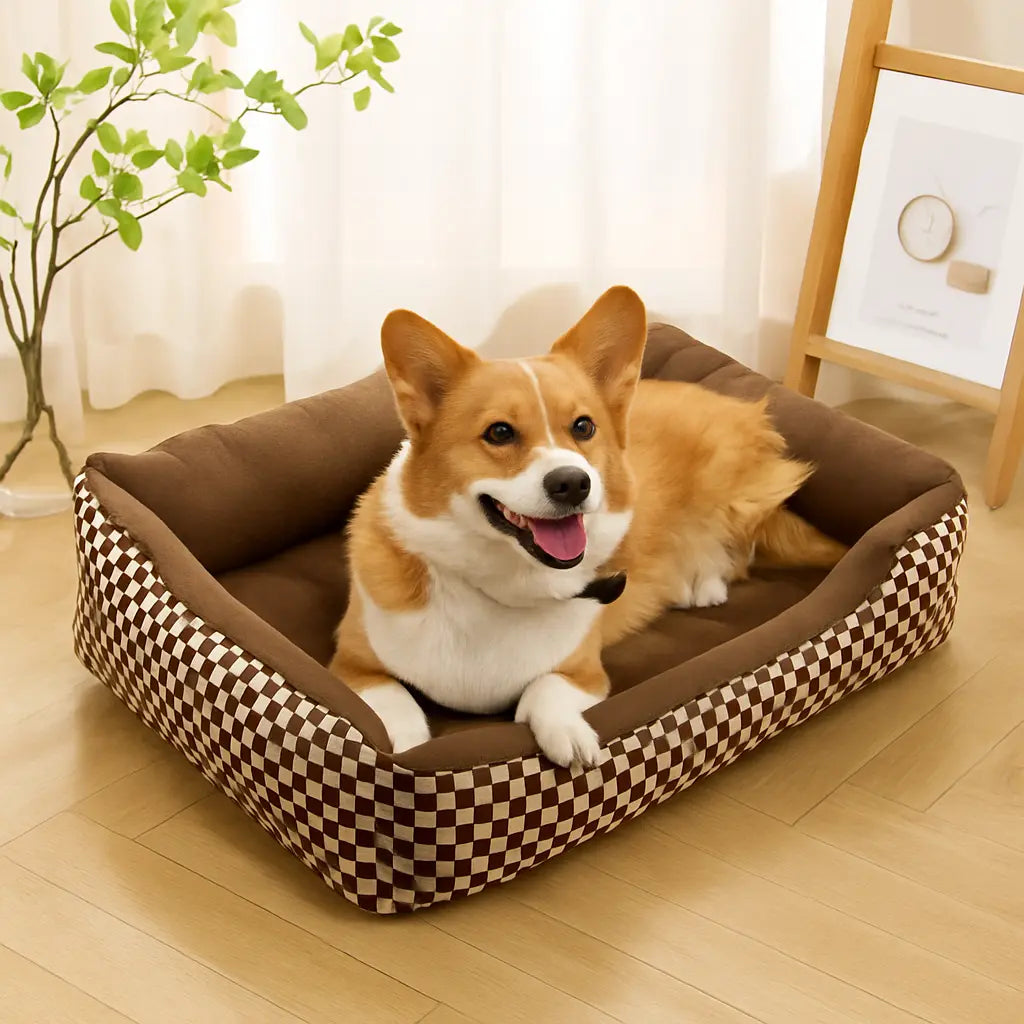 chien allonge dans panier pour chien marron pixels