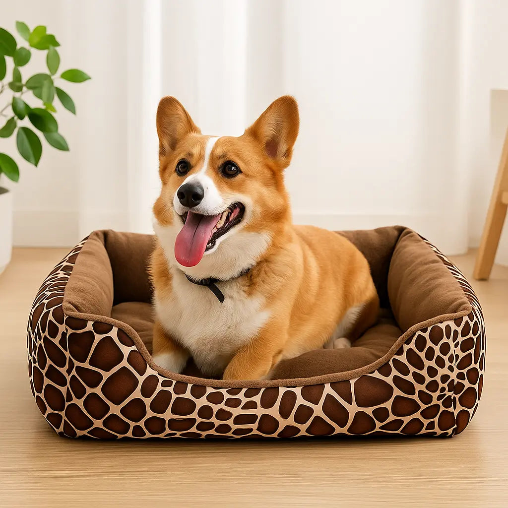 chien allonge dans panier pour chien marron zebre