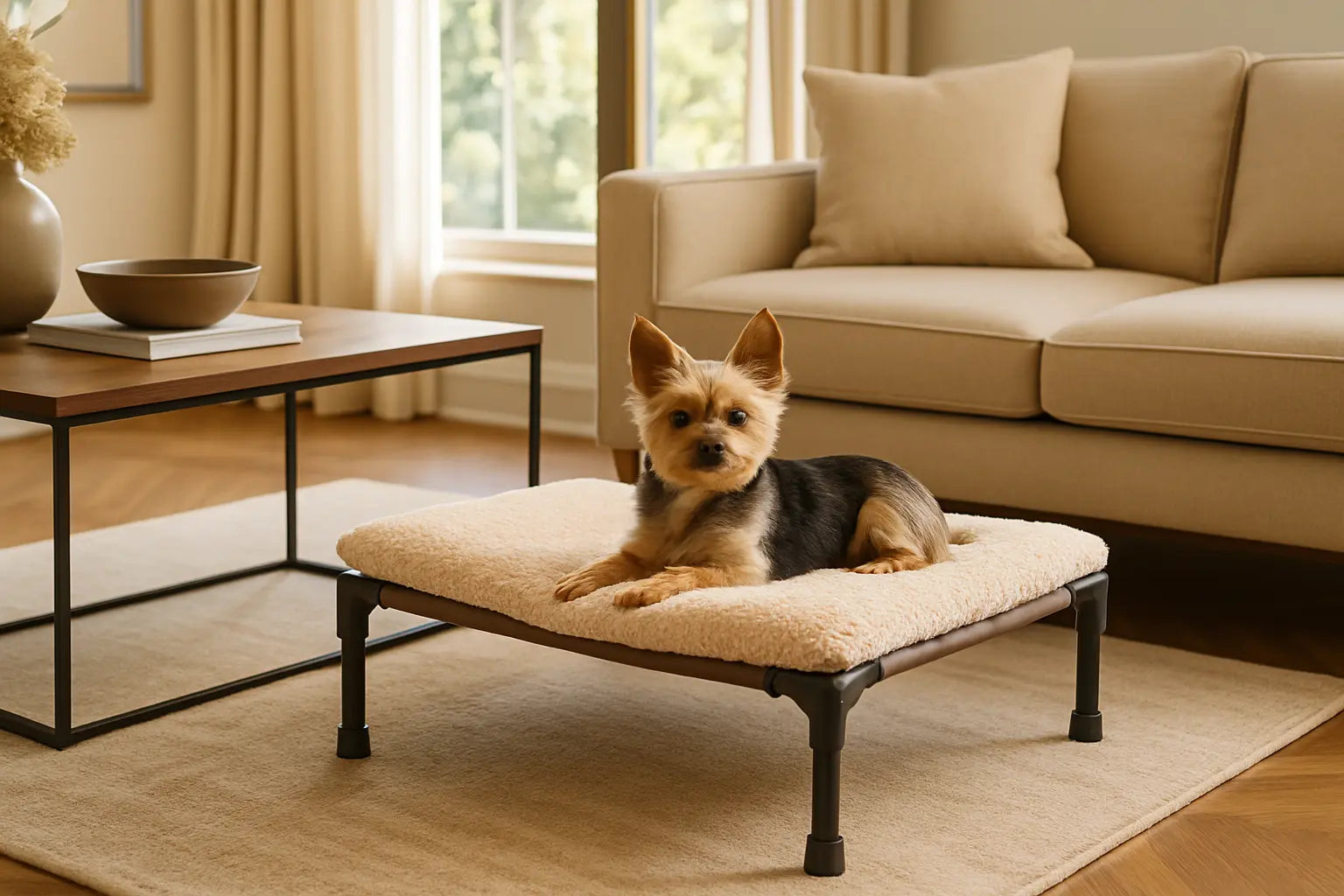 chien allonge lit sureleve pour chien dans salon appartement