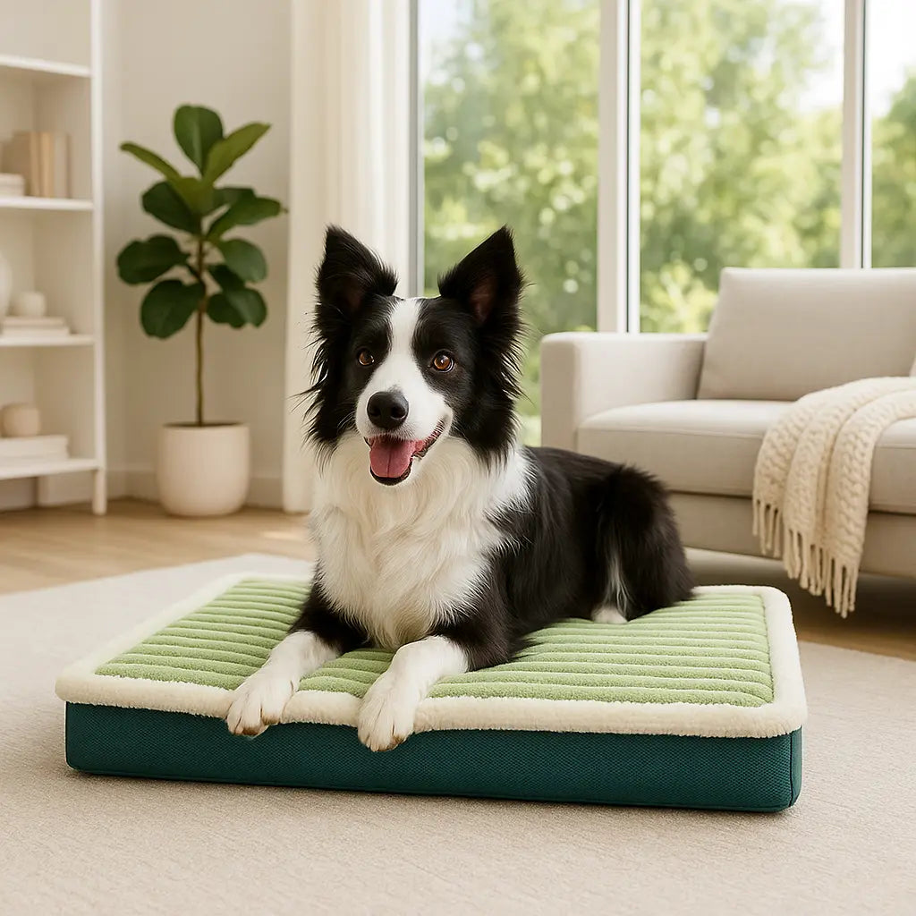 chien allonge sur matelas pour chien vert