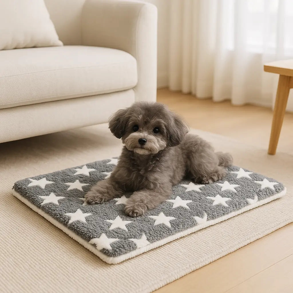 chien allonge sur tapis pour chien gris fonce