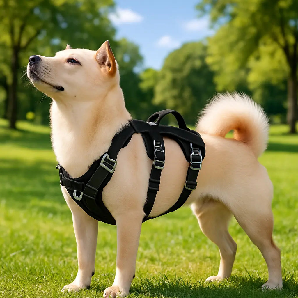 chien avec harnais chien noir dans parc