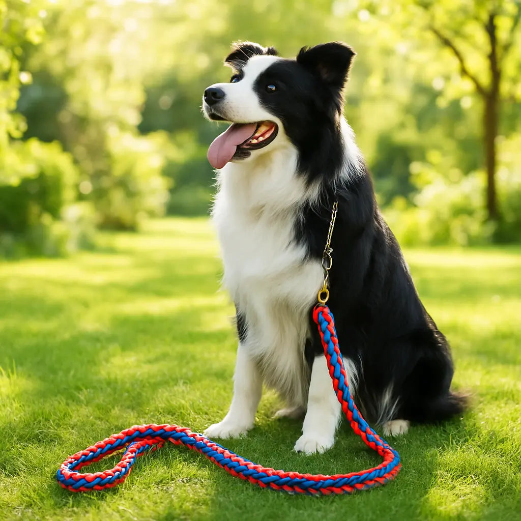 chien avec laisse pour chien bleu rouge dans parc