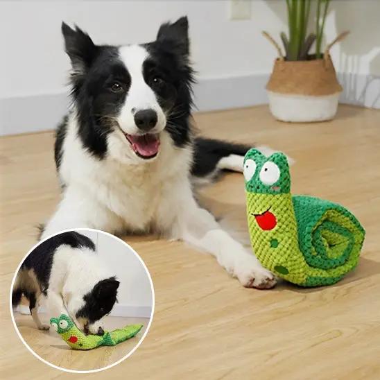 chien avec peluche pour chien escargot dans maison