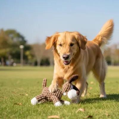 chien jouant avec peluche pour chien dans parc