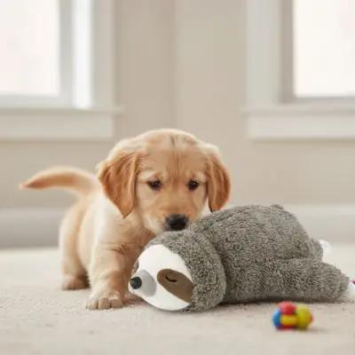 chien jouant avec peluche pour chien dans salon