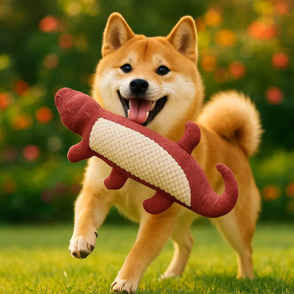 chien jouant avec peluche pour chien rouge