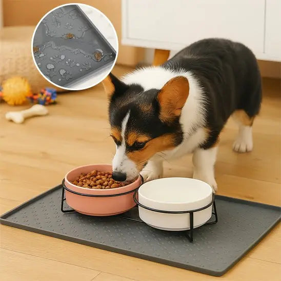 chien mangeant croquettes dans gamelle sur Tapis Gamelle Antiderapant pour Chien