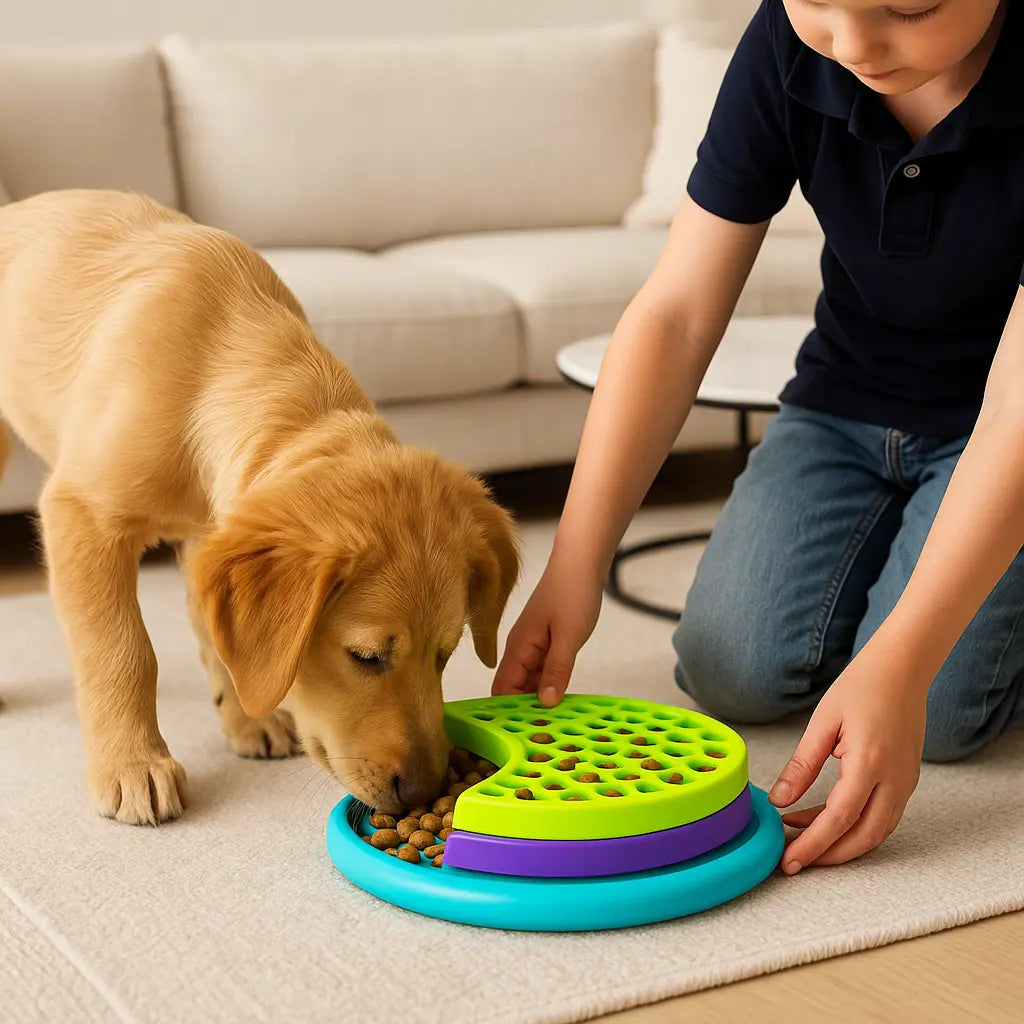 chien mangeant dans gamelle anti glouton dans salon