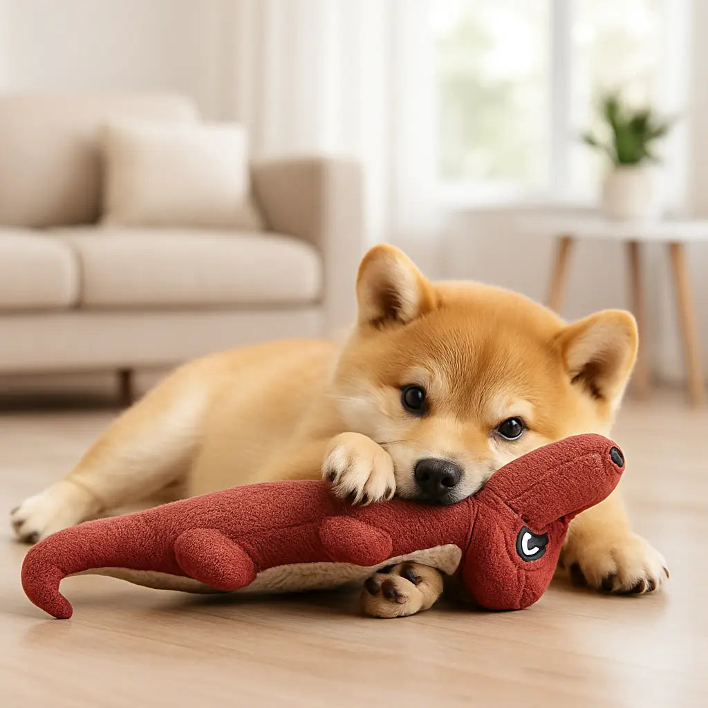 chien mordillant peluche pour chien rouge