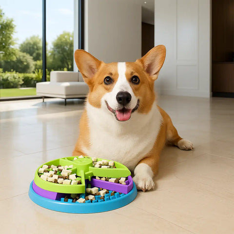 chien nous regardant devant gamelle anti glouton