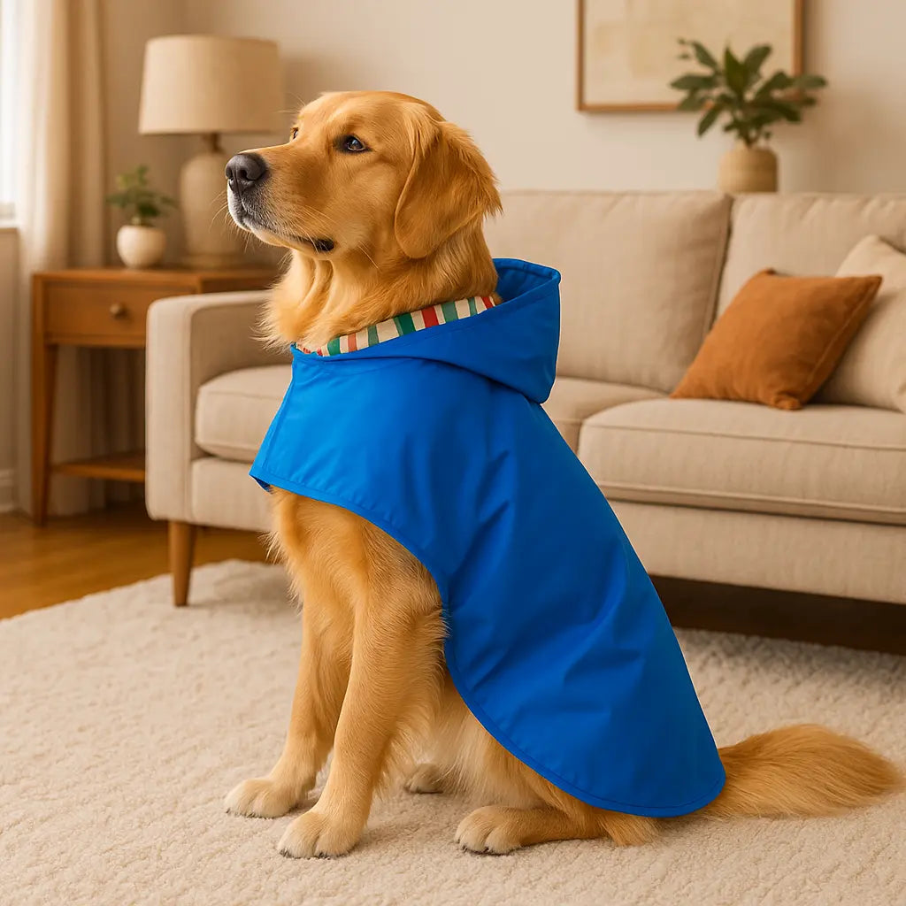 chien portant manteau pour chien bleu