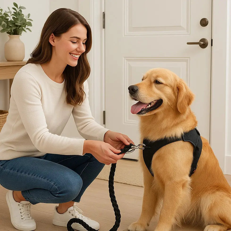 femme accroupie attachant chien avec laisse pour chien noire