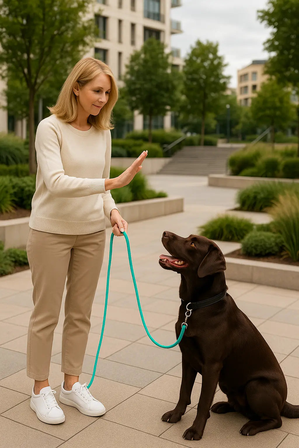 femme avec chien tenu avec longe bleue