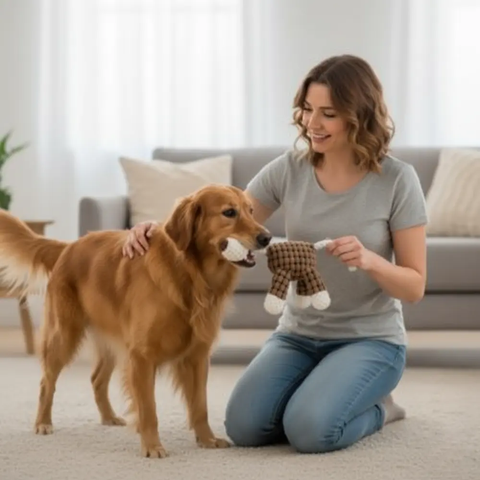 femme jouant avec chien et peluche pour chien