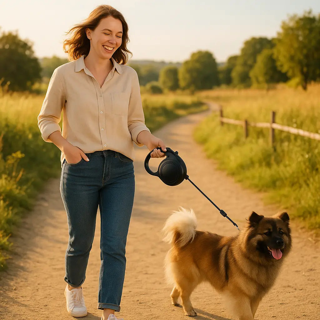femme promenant chien avec laisse pour chien dans chemin