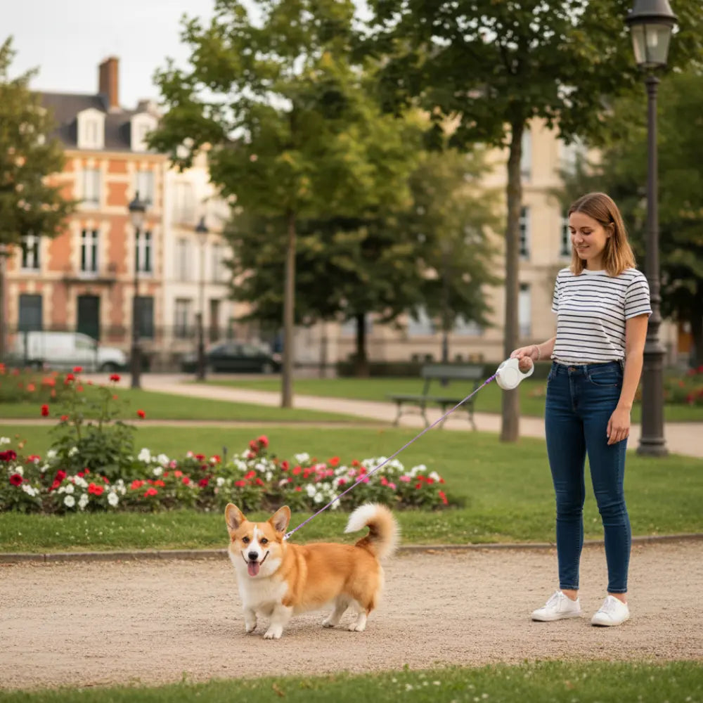 femme promenant chien tenu par laisse pour chien dans parc