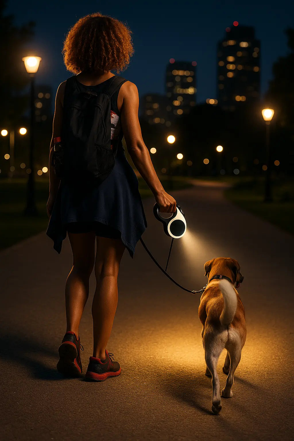 femme tirant chien avec laisse chien nuit