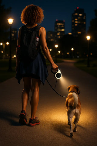 femme tirant chien avec laisse chien nuit