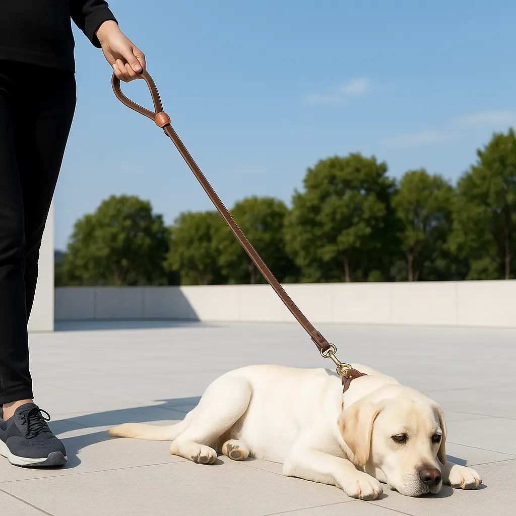 homme tenant chien avec laisse chien marron pour promenade