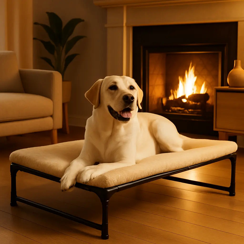 labrador allonge lit sureleve pour chien dans salon avec feu cheminee