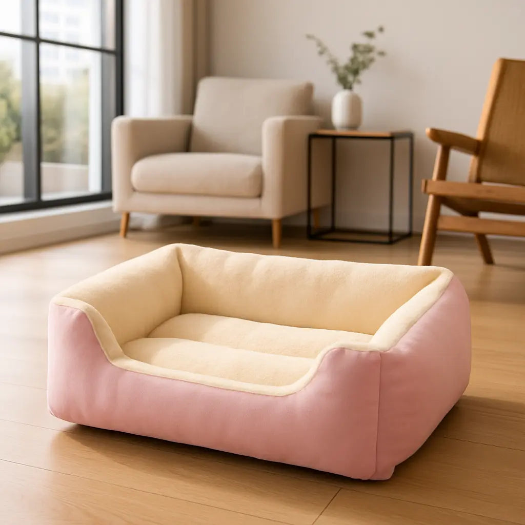 panier pour chien rose dans salon