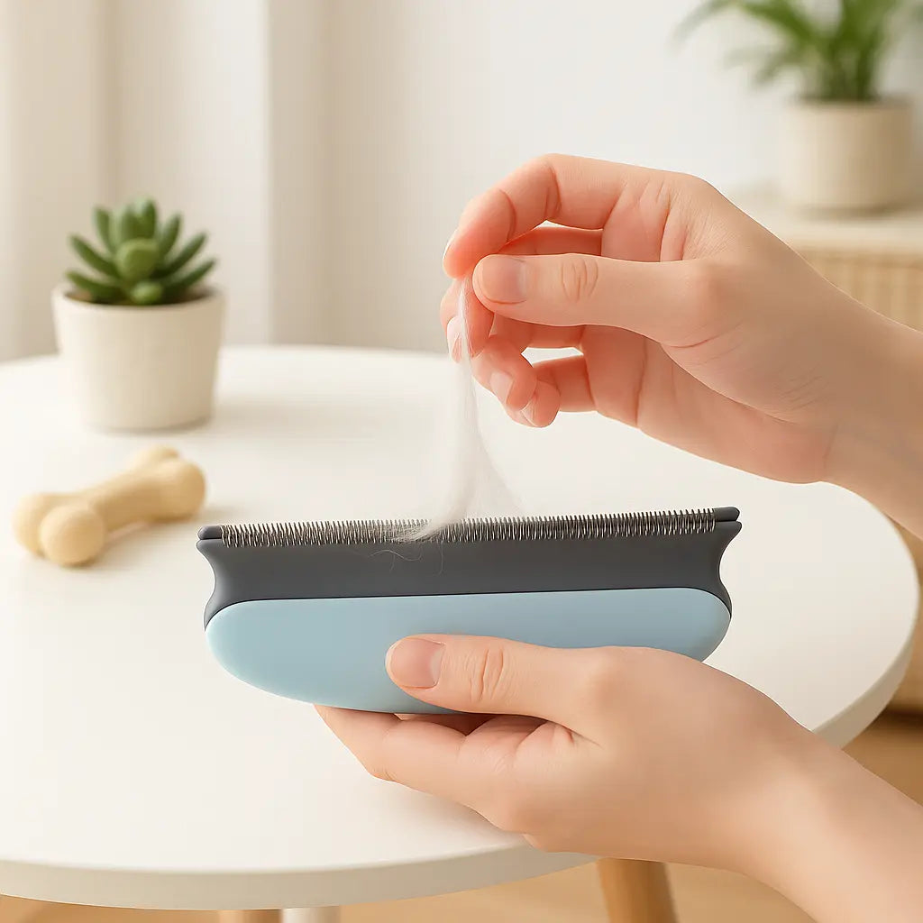 personne retirant poils chien longs brosse chien poil long bleu clair