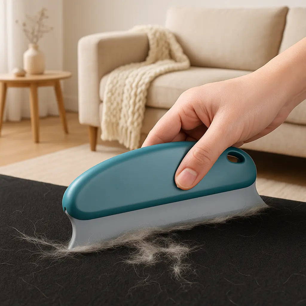 personne retirant poils chien longs tapis brosse chien poil long bleu foncé