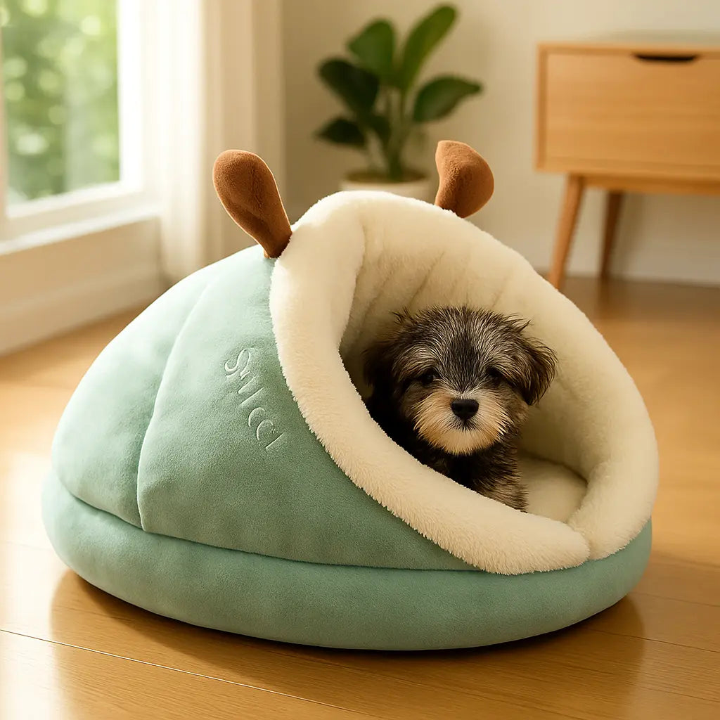 petit chien dans lit pour chien vert