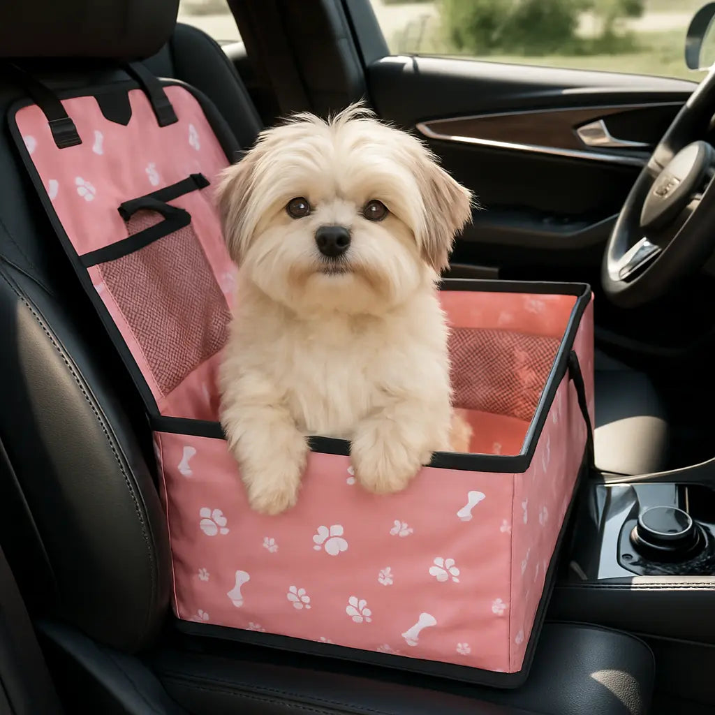 petit chien dans siege auto chien rose