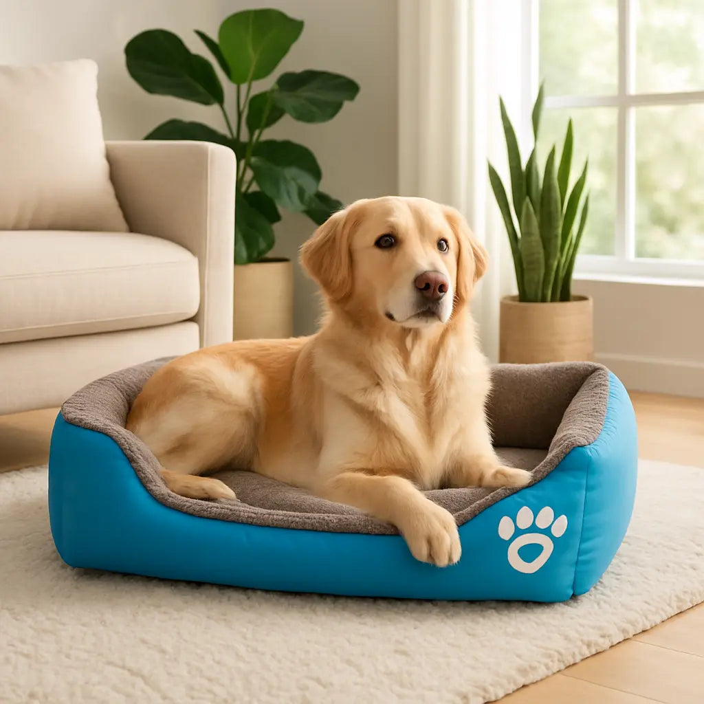 photo chien allonge dans panier pour chien bleu vif