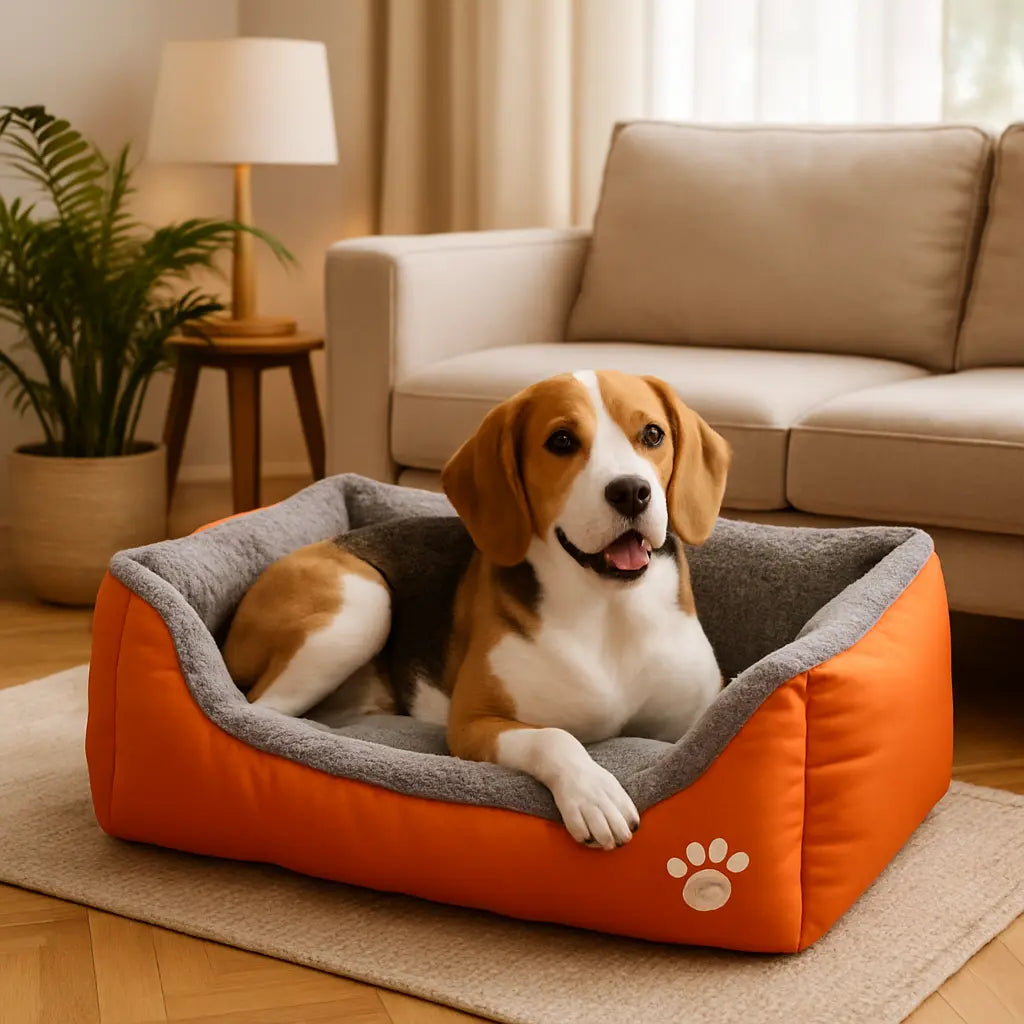photo chien allonge dans panier pour chien orange vif