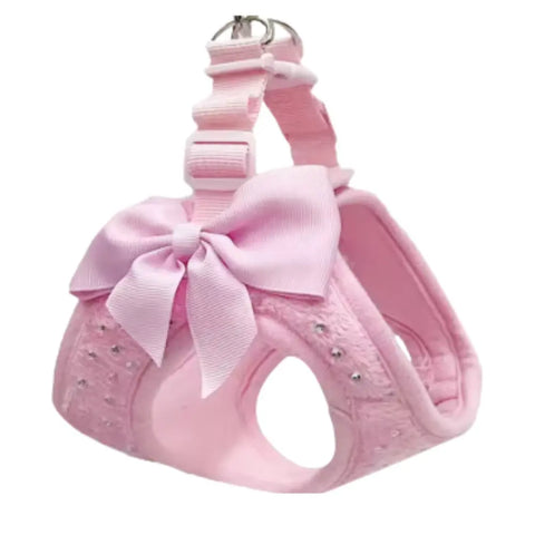 photo professionnelle harnais chien rose avec noeud papillon