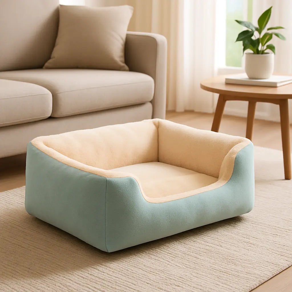 photo professionnelle panier pour chien bleu pastel dans salon