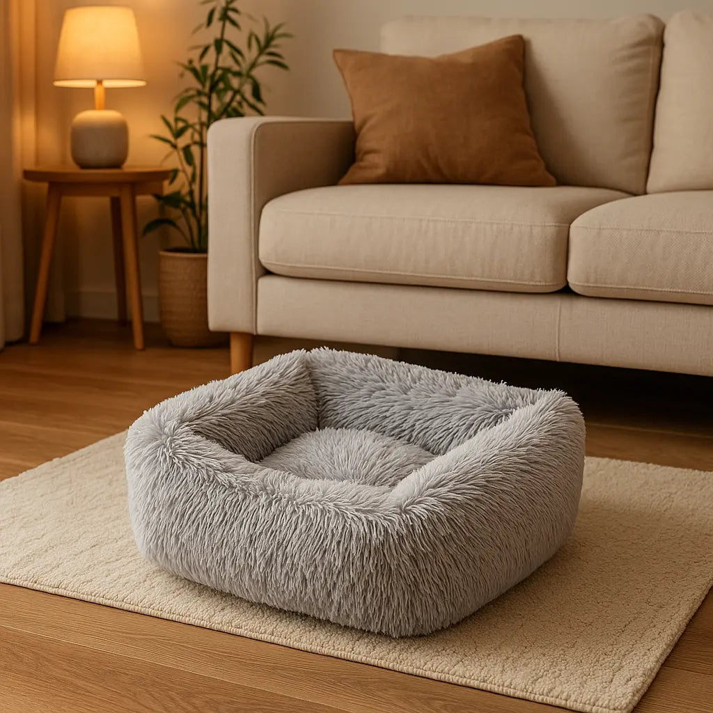 photo professionnelle panier pour chien gris clair dans salon